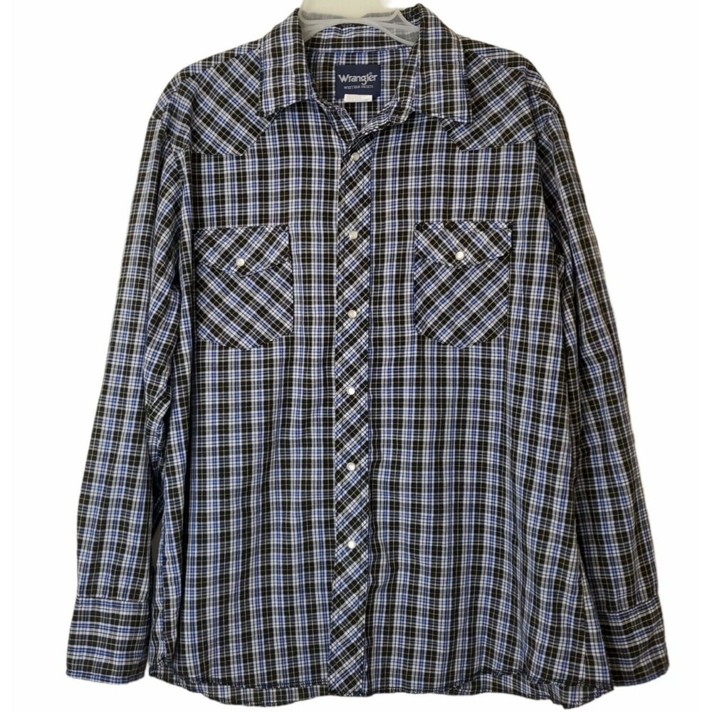 Wrangler Western Shirt Mens Size XL Plaid Blue Black Pearl Snap Long Sleeve
